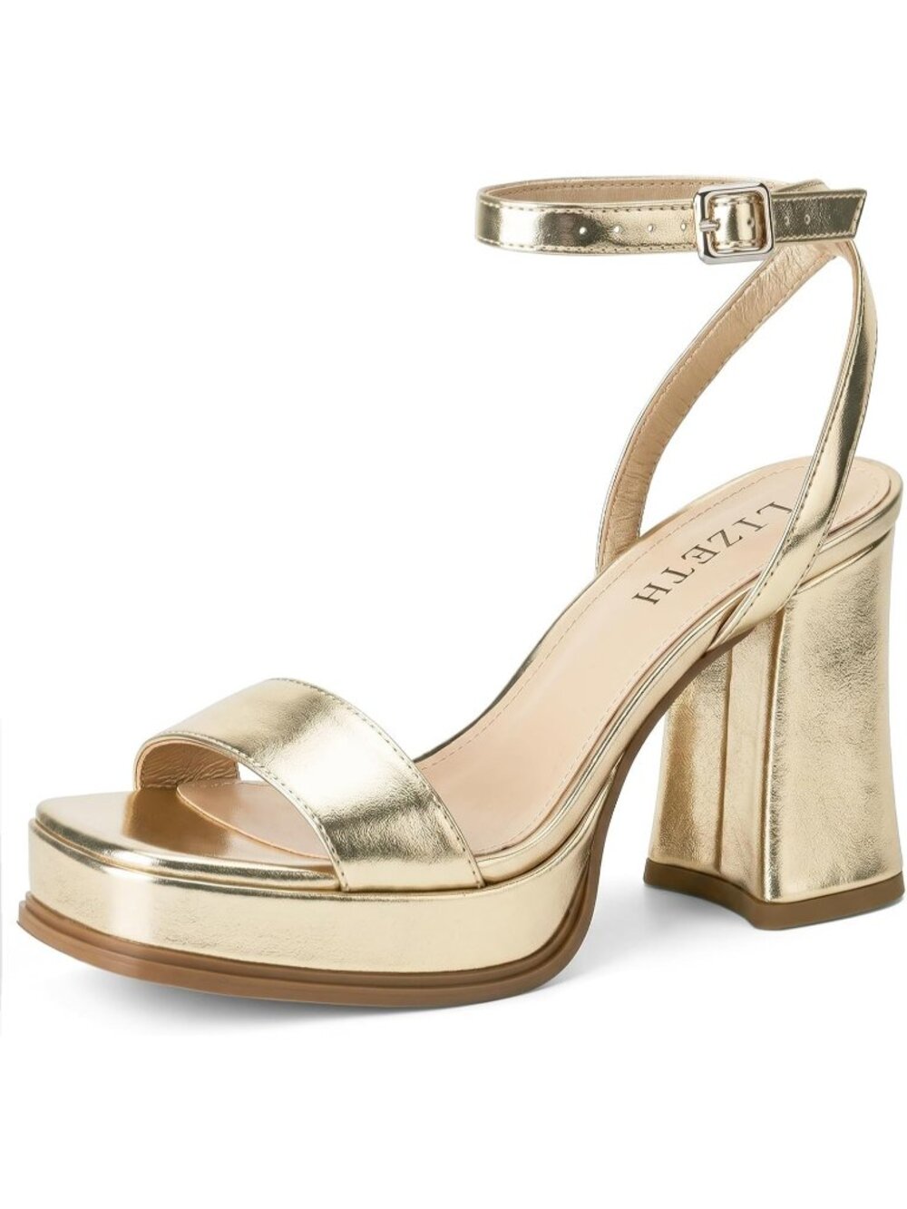 Women's Gold Square Open Toe Chunky Block Heel Comfort Ankle Straps Sandals